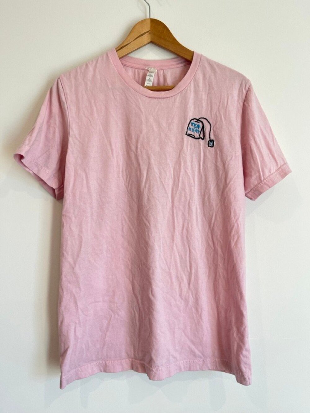 Bella+Canvas Tea Shirt Hand Embroidered Tea Bag Graphic Tee Pink Large Kawaii